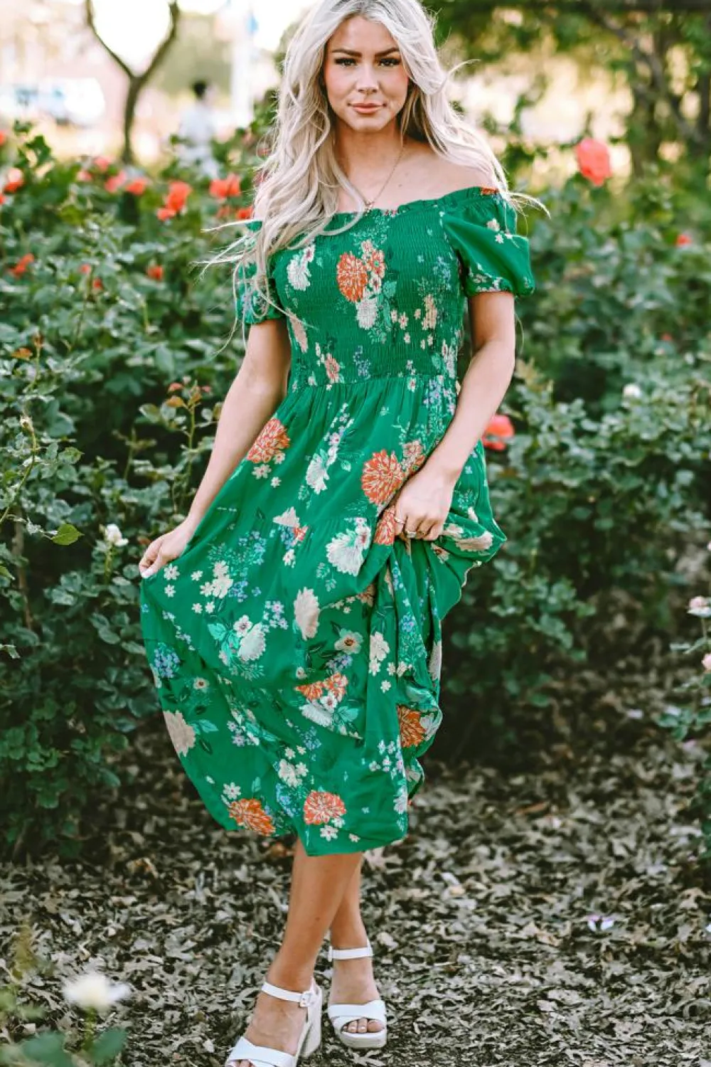 Clearance Dear-Lover Floral Print Bubble Sleeve Smocked Tiered Midi Dress Green