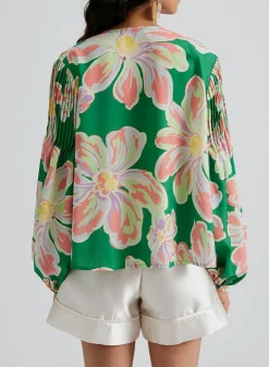 Outlet Dear-Lover Floral Print Button up Pleated Puff Sleeve Loose Shirt Green