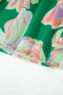 Outlet Dear-Lover Floral Print Button up Pleated Puff Sleeve Loose Shirt Green