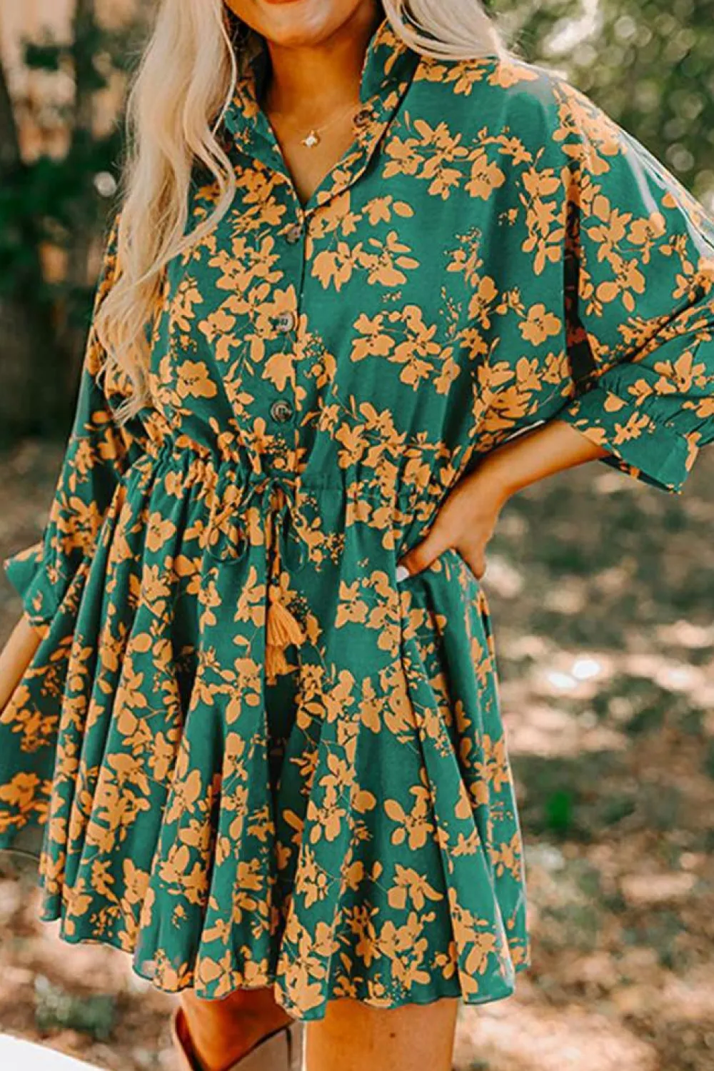 New Dear-Lover Floral Print Drawstring Tunic Flowy Short Dress Green