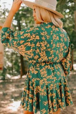 New Dear-Lover Floral Print Drawstring Tunic Flowy Short Dress Green