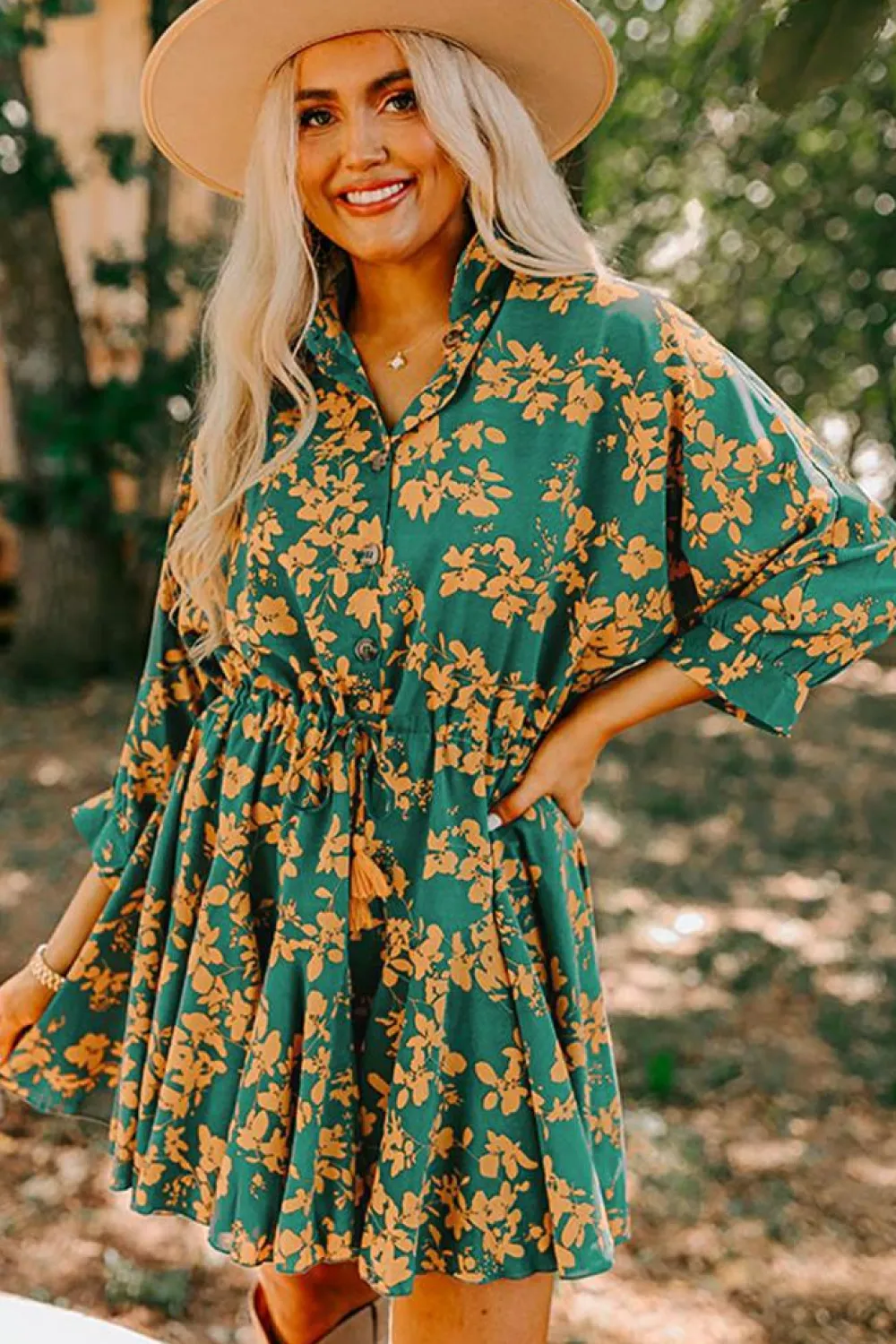 New Dear-Lover Floral Print Drawstring Tunic Flowy Short Dress Green