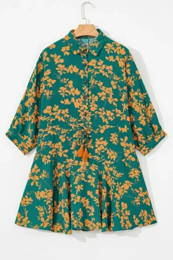 New Dear-Lover Floral Print Drawstring Tunic Flowy Short Dress Green