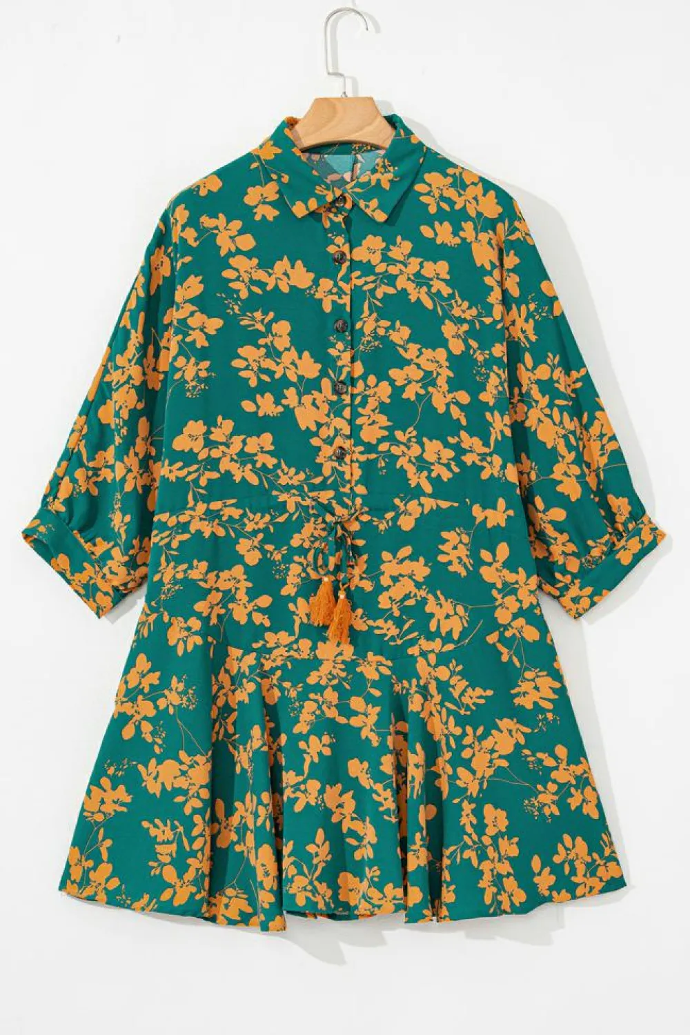 New Dear-Lover Floral Print Drawstring Tunic Flowy Short Dress Green