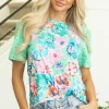 Online Dear-Lover Floral Print Eyelet Embroidered Short Sleeve Crew Neck Top Green