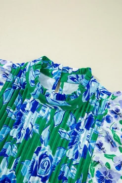 Discount Dear-Lover Floral Print Lace Trim Contrast Ruffle Sleeve Pleated Loose Blouse Green