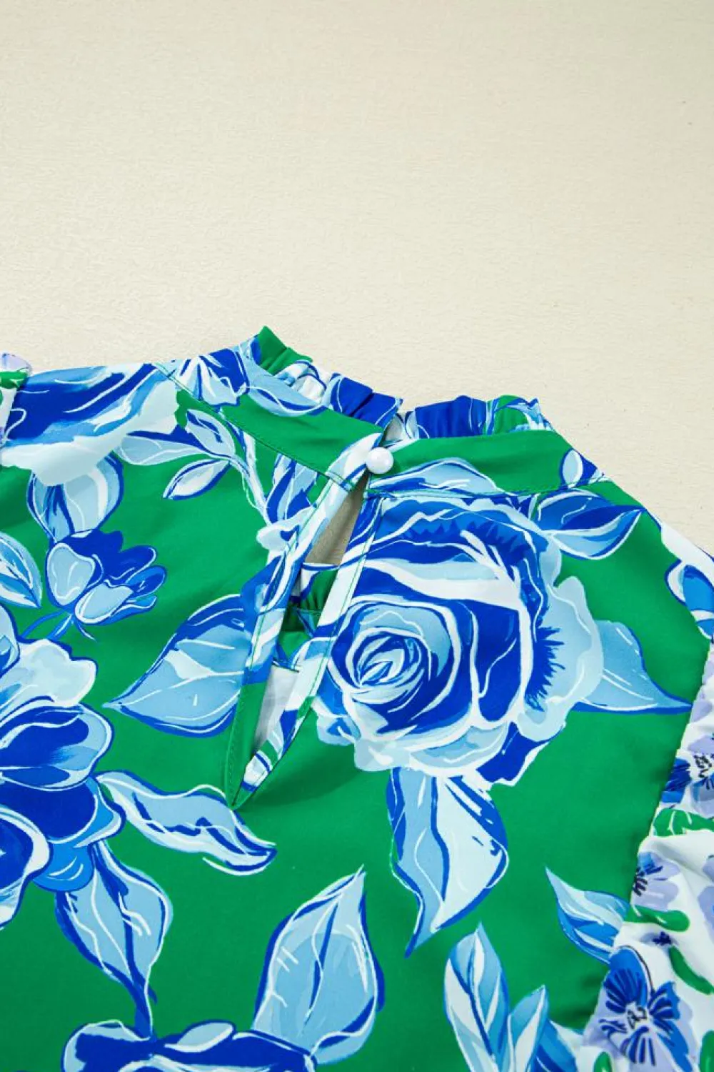Discount Dear-Lover Floral Print Lace Trim Contrast Ruffle Sleeve Pleated Loose Blouse Green