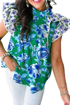 Discount Dear-Lover Floral Print Lace Trim Contrast Ruffle Sleeve Pleated Loose Blouse Green