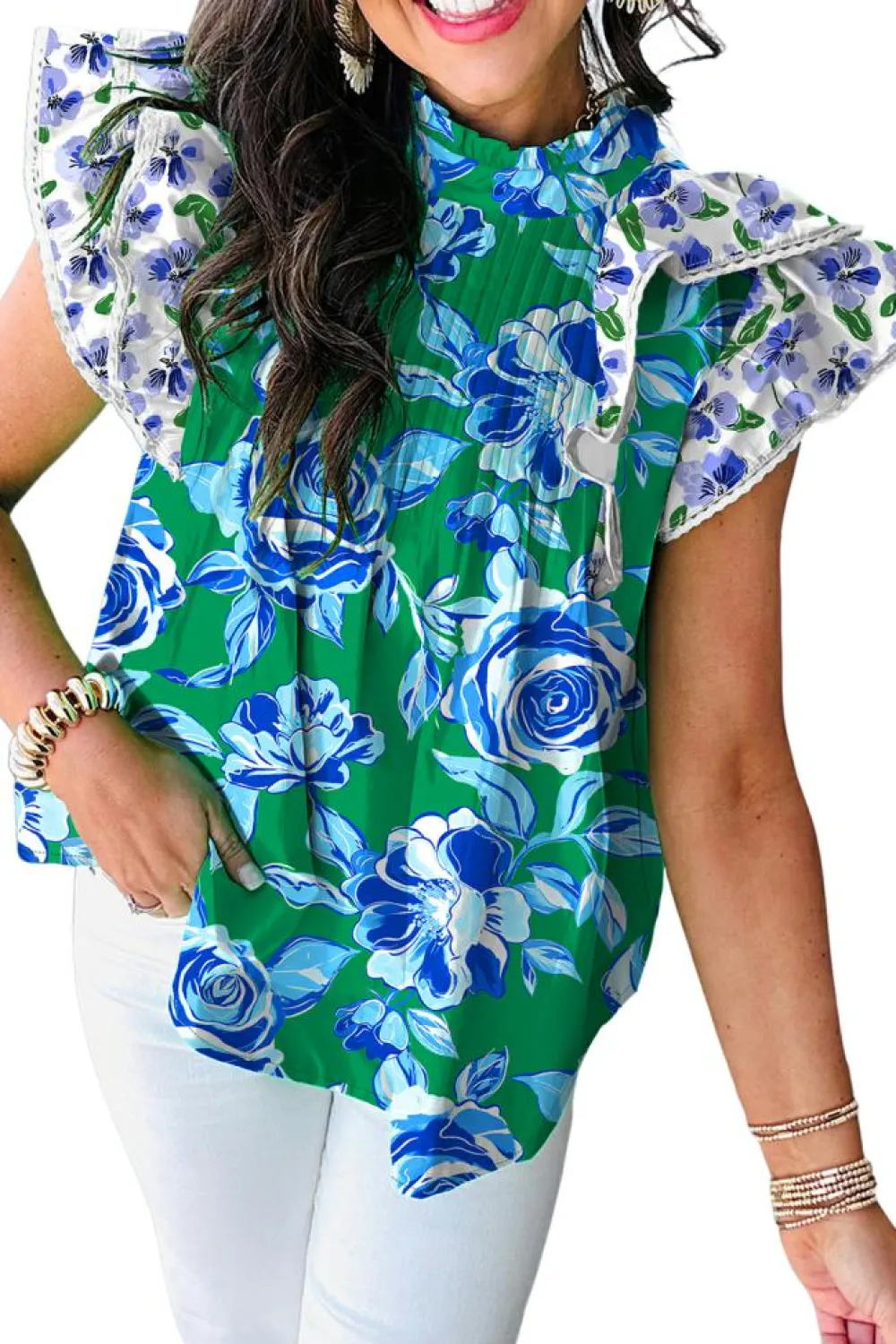 Discount Dear-Lover Floral Print Lace Trim Contrast Ruffle Sleeve Pleated Loose Blouse Green