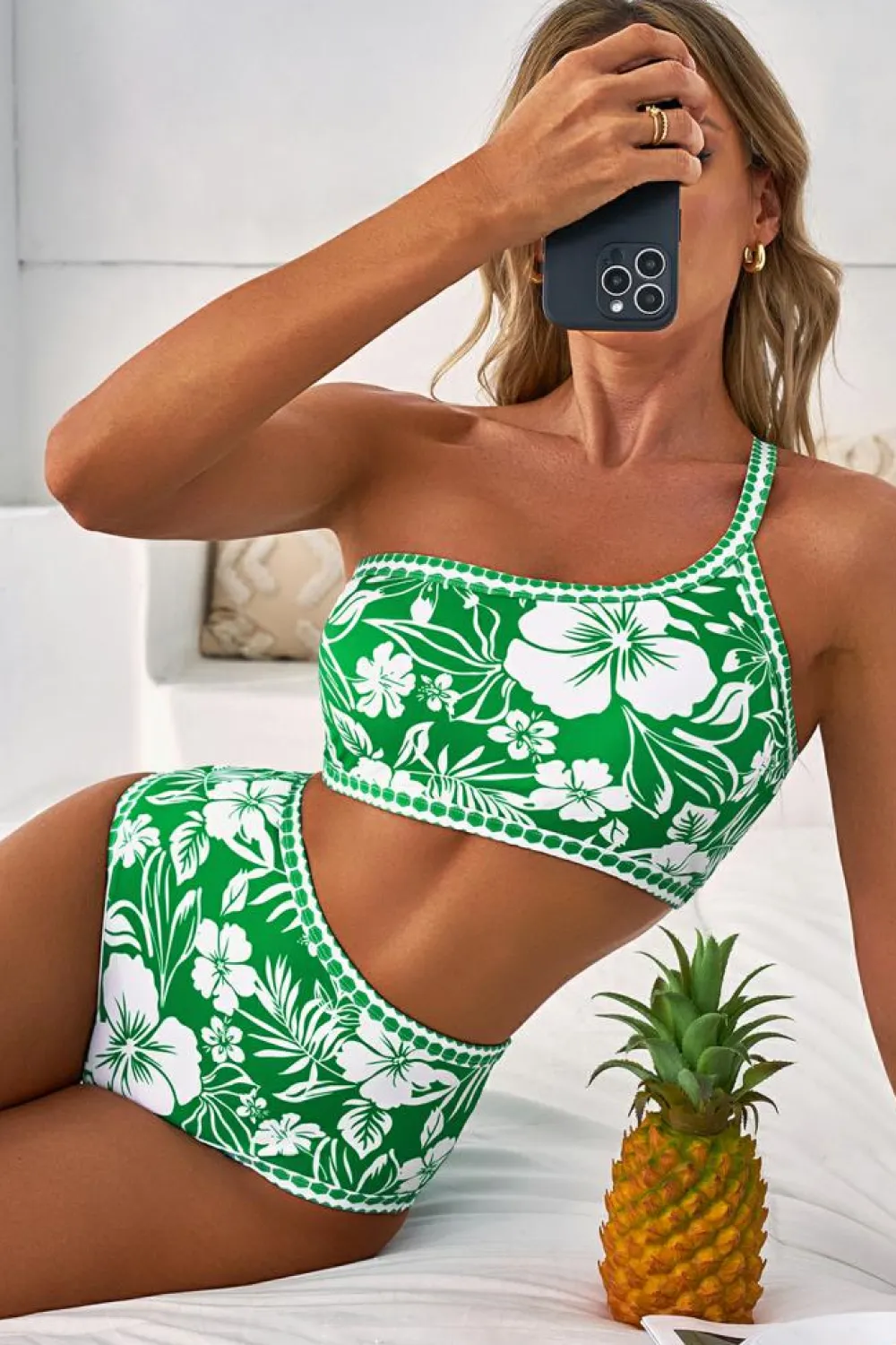 Hot Dear-Lover Floral Print One Shoulder High Waist Bikini Set Green