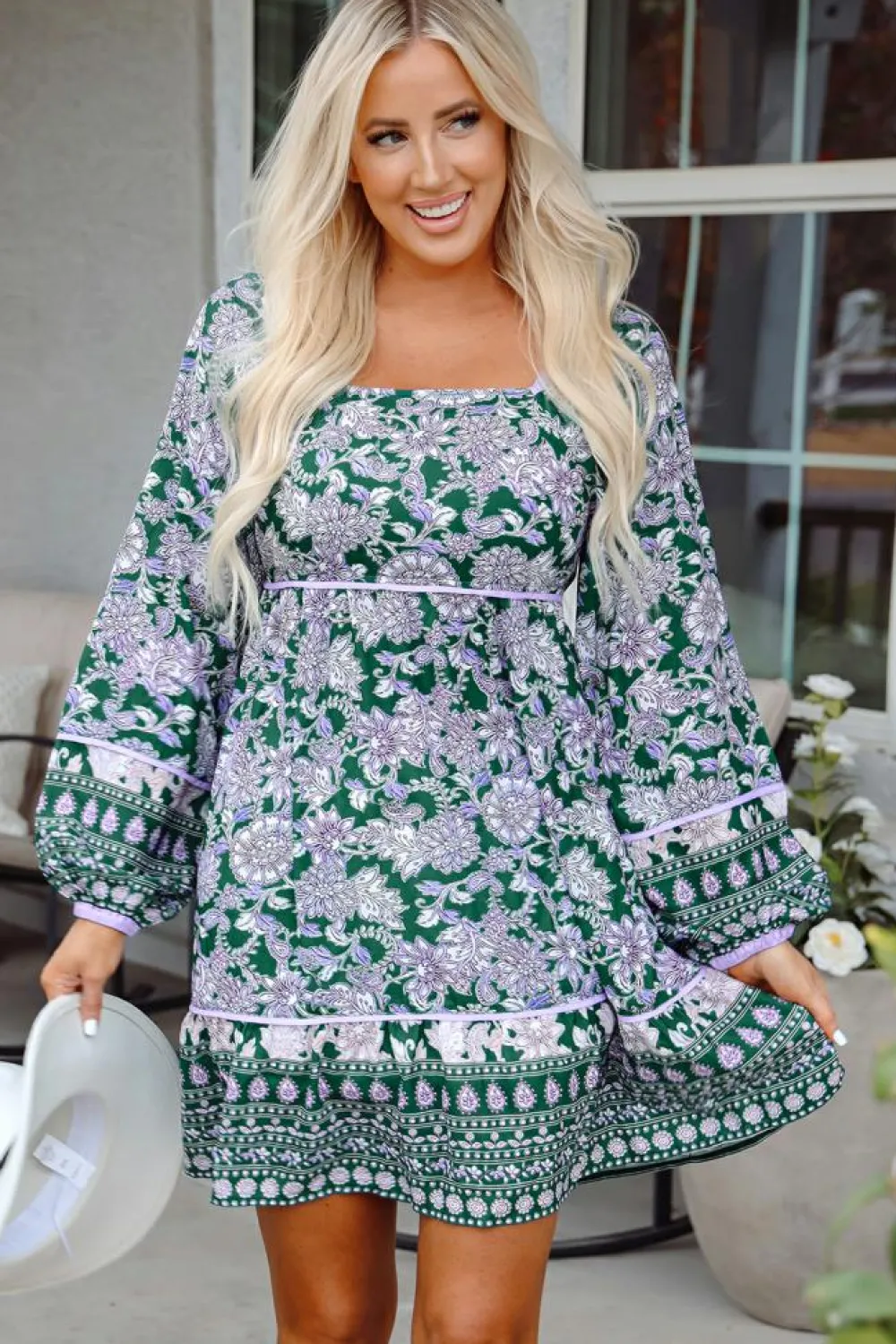 Clearance Dear-Lover Floral Print Piping Trim Bubble Sleeve Square Neck Dress Green