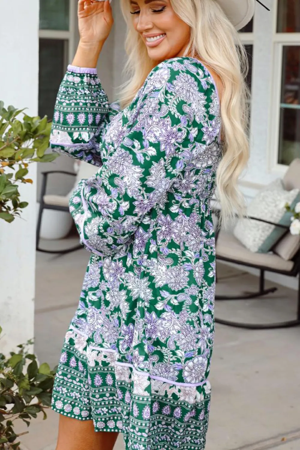 Clearance Dear-Lover Floral Print Piping Trim Bubble Sleeve Square Neck Dress Green