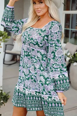 Clearance Dear-Lover Floral Print Piping Trim Bubble Sleeve Square Neck Dress Green