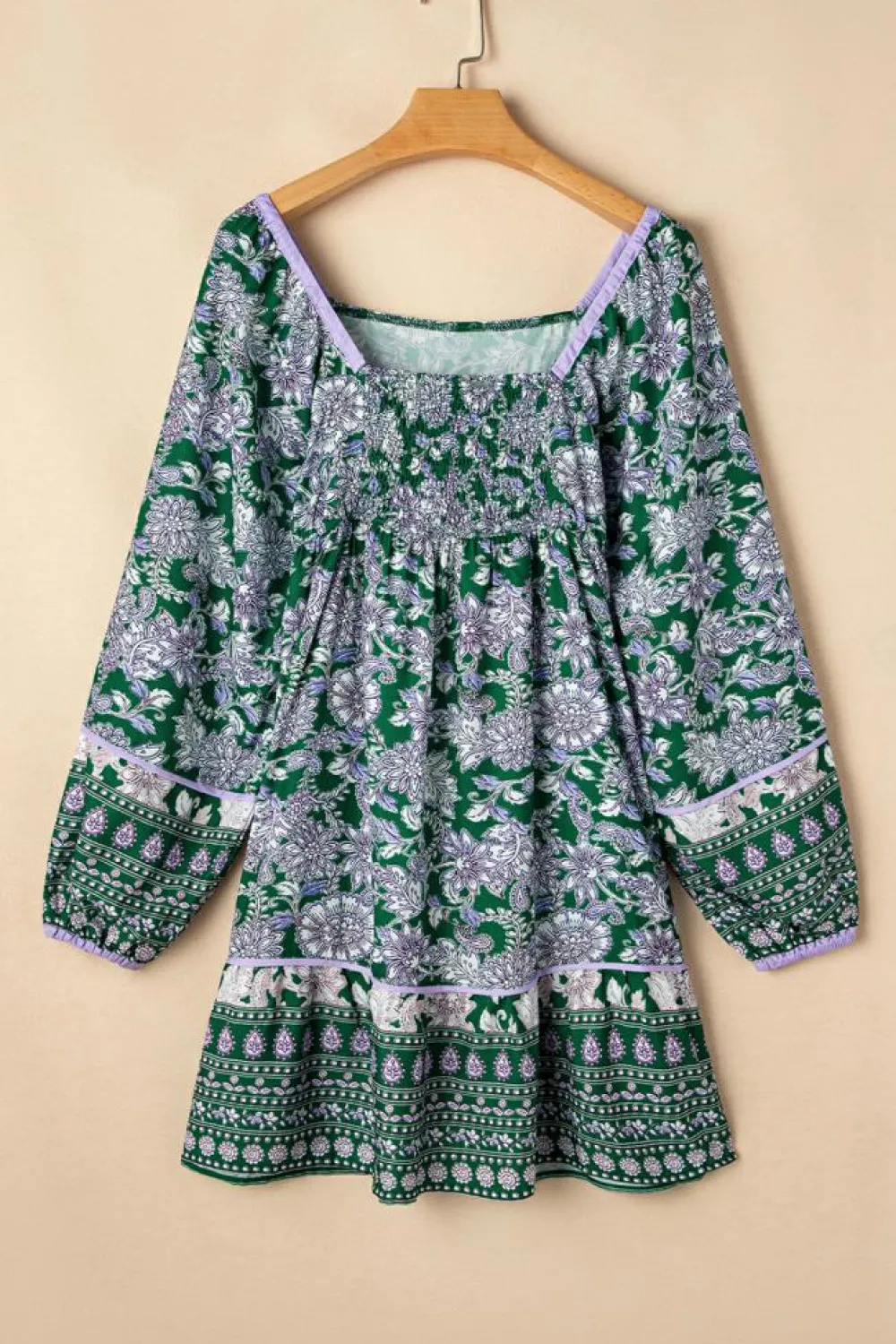Clearance Dear-Lover Floral Print Piping Trim Bubble Sleeve Square Neck Dress Green