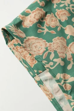 Outlet Dear-Lover Floral Print Pleated Buttoned V Neck Short Sleeve Blouse Green