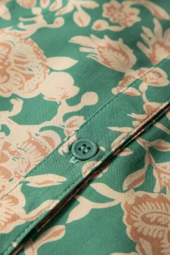 Outlet Dear-Lover Floral Print Pleated Buttoned V Neck Short Sleeve Blouse Green
