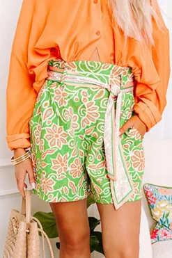 Hot Dear-Lover Floral Print Pocketed Front Knot High Waist Casual Shorts Green