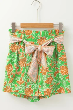 Hot Dear-Lover Floral Print Pocketed Front Knot High Waist Casual Shorts Green