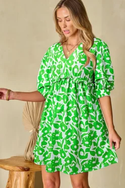 Outlet Dear-Lover Floral Print Puff Half Sleeve V Neck Babydoll Dress Green