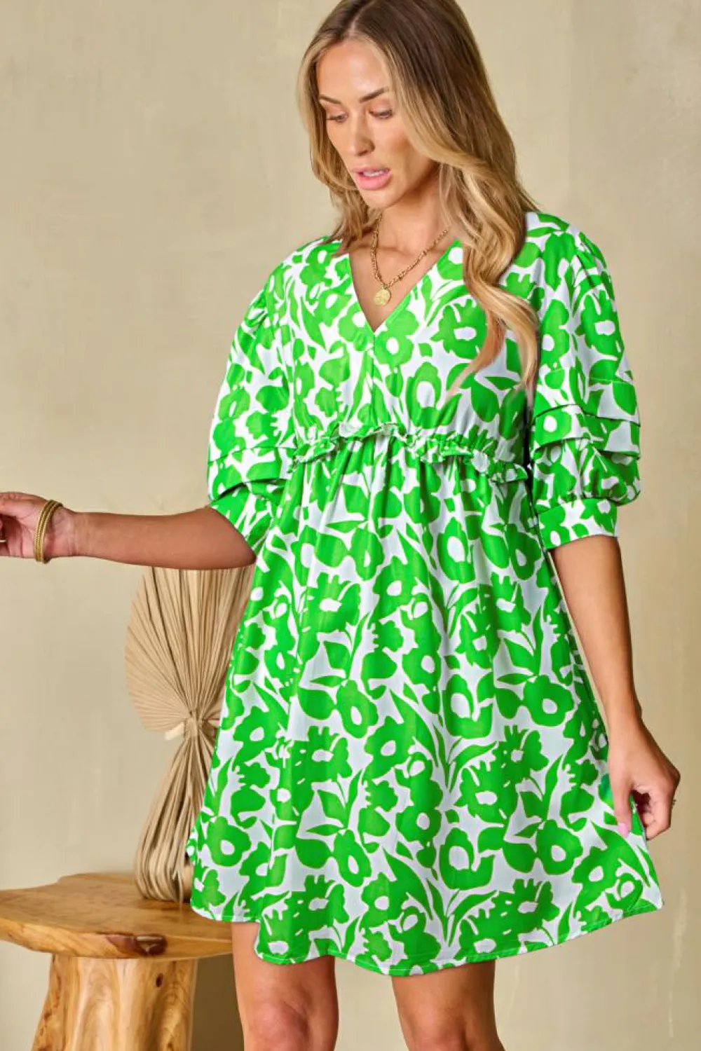 Outlet Dear-Lover Floral Print Puff Half Sleeve V Neck Babydoll Dress Green