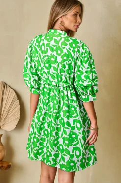 Outlet Dear-Lover Floral Print Puff Half Sleeve V Neck Babydoll Dress Green