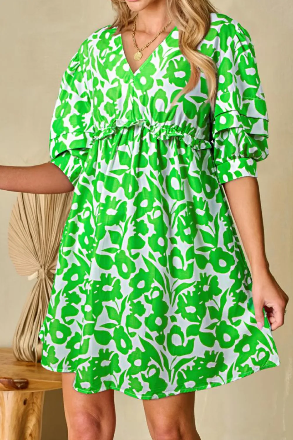 Outlet Dear-Lover Floral Print Puff Half Sleeve V Neck Babydoll Dress Green