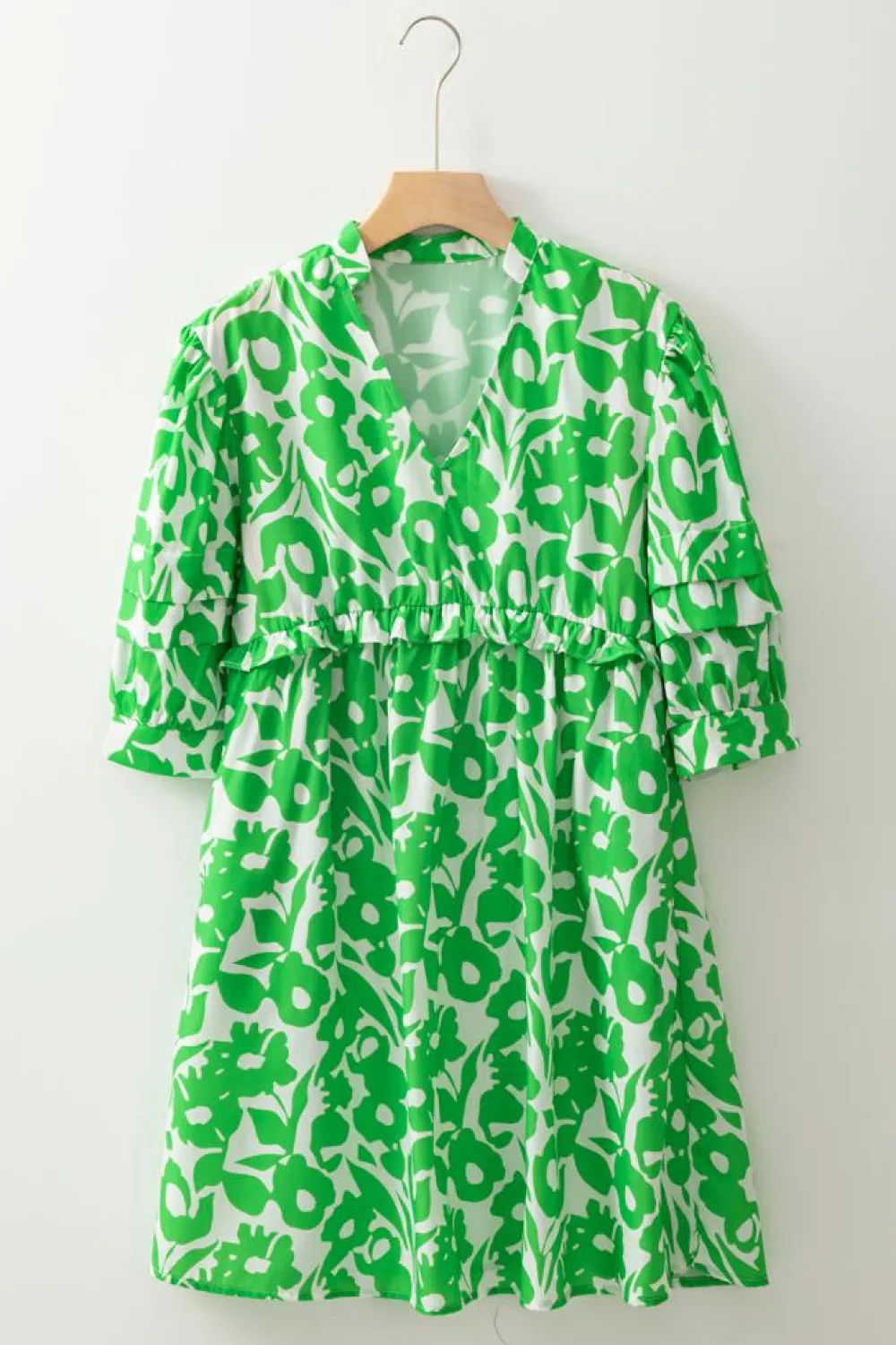 Outlet Dear-Lover Floral Print Puff Half Sleeve V Neck Babydoll Dress Green