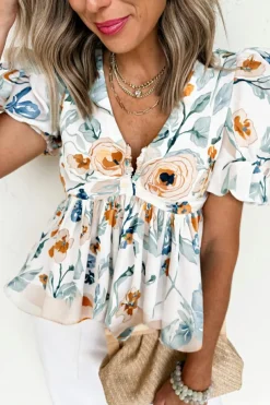 Discount Dear-Lover Floral Print Puff Sleeve V Neck Babydoll Blouse Green