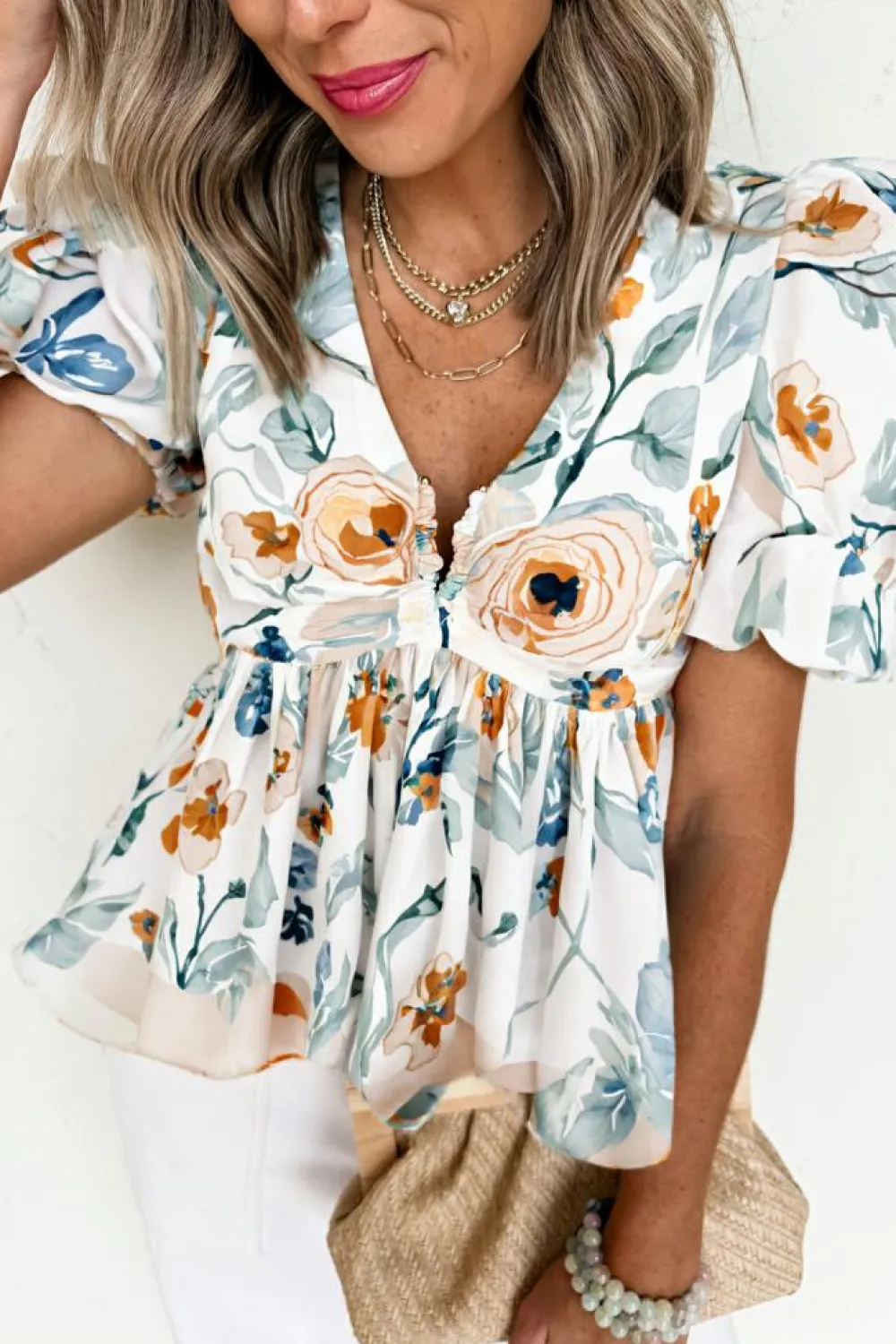 Discount Dear-Lover Floral Print Puff Sleeve V Neck Babydoll Blouse Green