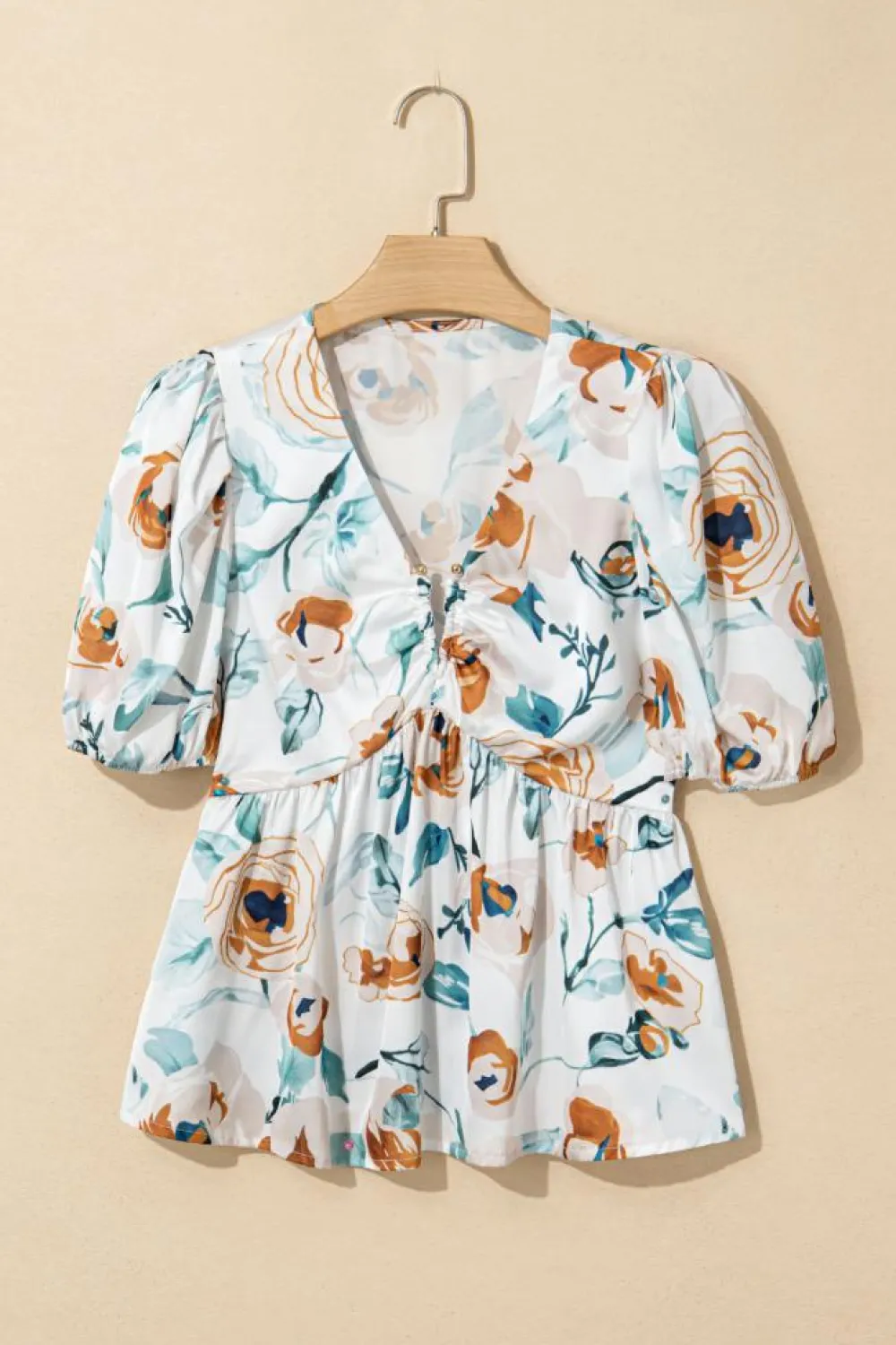 Discount Dear-Lover Floral Print Puff Sleeve V Neck Babydoll Blouse Green