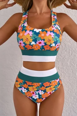 New Dear-Lover Floral Print Racerback Cutout High Waist 2pcs Bikini Green