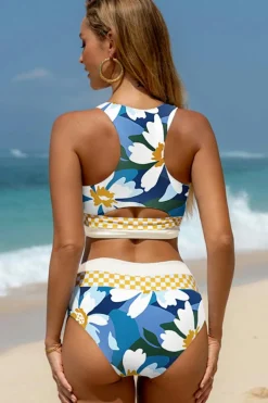 New Dear-Lover Floral Print Racerback Cutout High Waist 2pcs Bikini Green