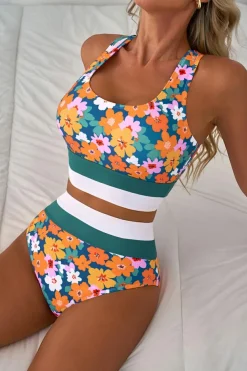 New Dear-Lover Floral Print Racerback Cutout High Waist 2pcs Bikini Green