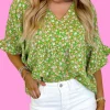 Online Dear-Lover Floral Print Ruffle Sleeve V Neck Blouse Top Green
