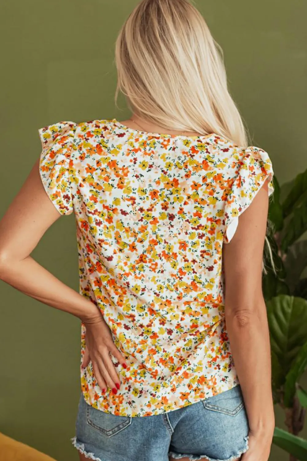 Hot Dear-Lover Floral Print Ruffled Sleeveless V Neck Tank Top Green