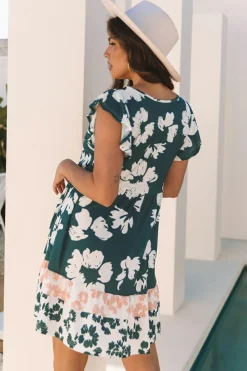 Fashion Dear-Lover Floral Print Ruffle Sleeve Empire Waist Mini Dress Green