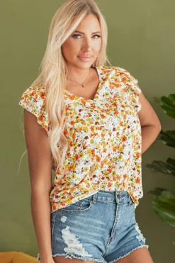 Hot Dear-Lover Floral Print Ruffled Sleeveless V Neck Tank Top Green