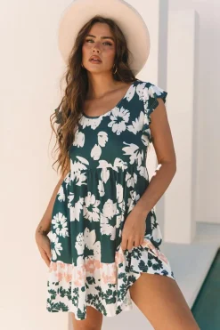 Fashion Dear-Lover Floral Print Ruffle Sleeve Empire Waist Mini Dress Green