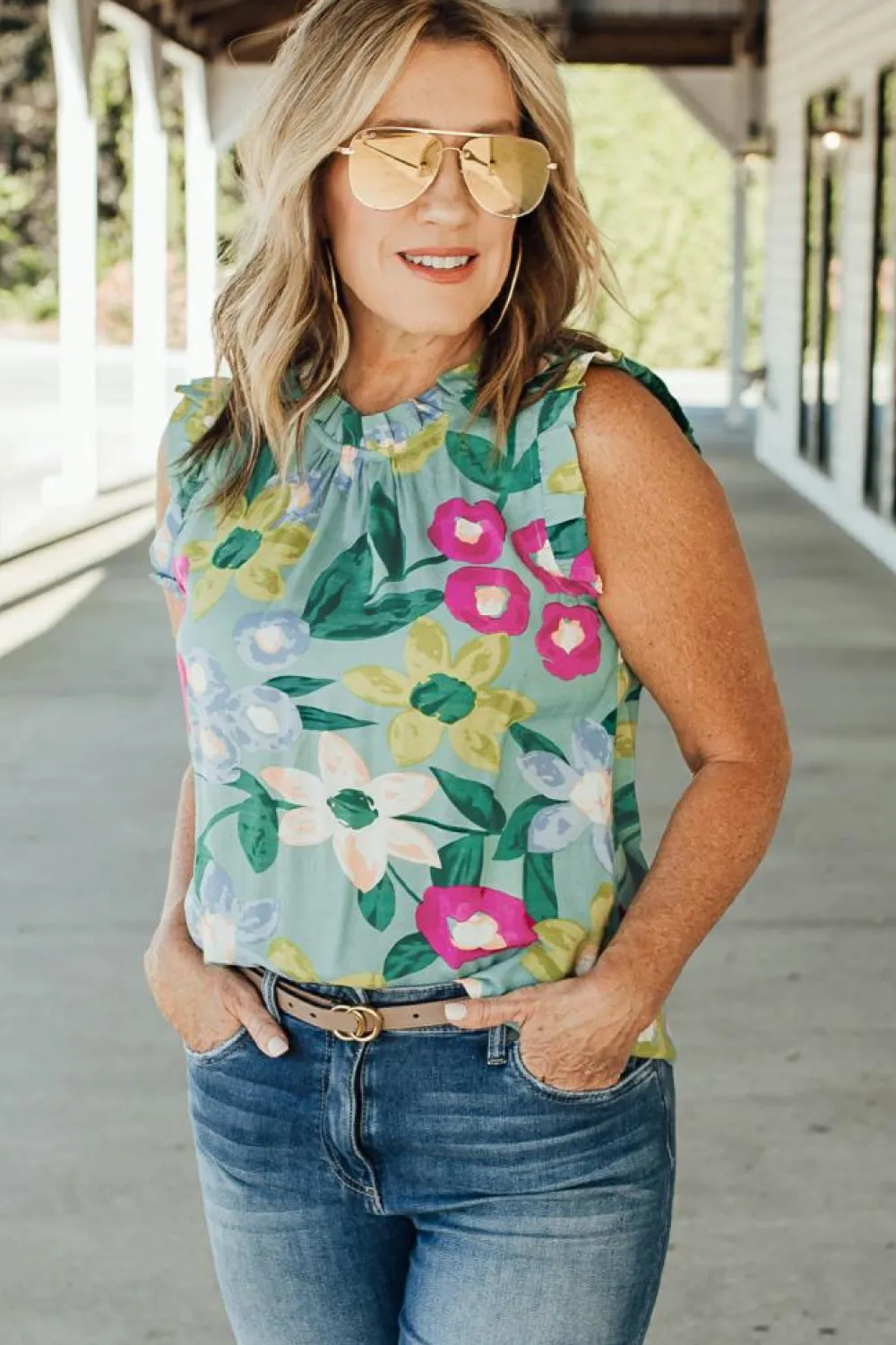 Hot Dear-Lover Floral Print Ruffle Trim Tank Top Green