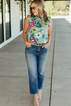 Hot Dear-Lover Floral Print Ruffle Trim Tank Top Green