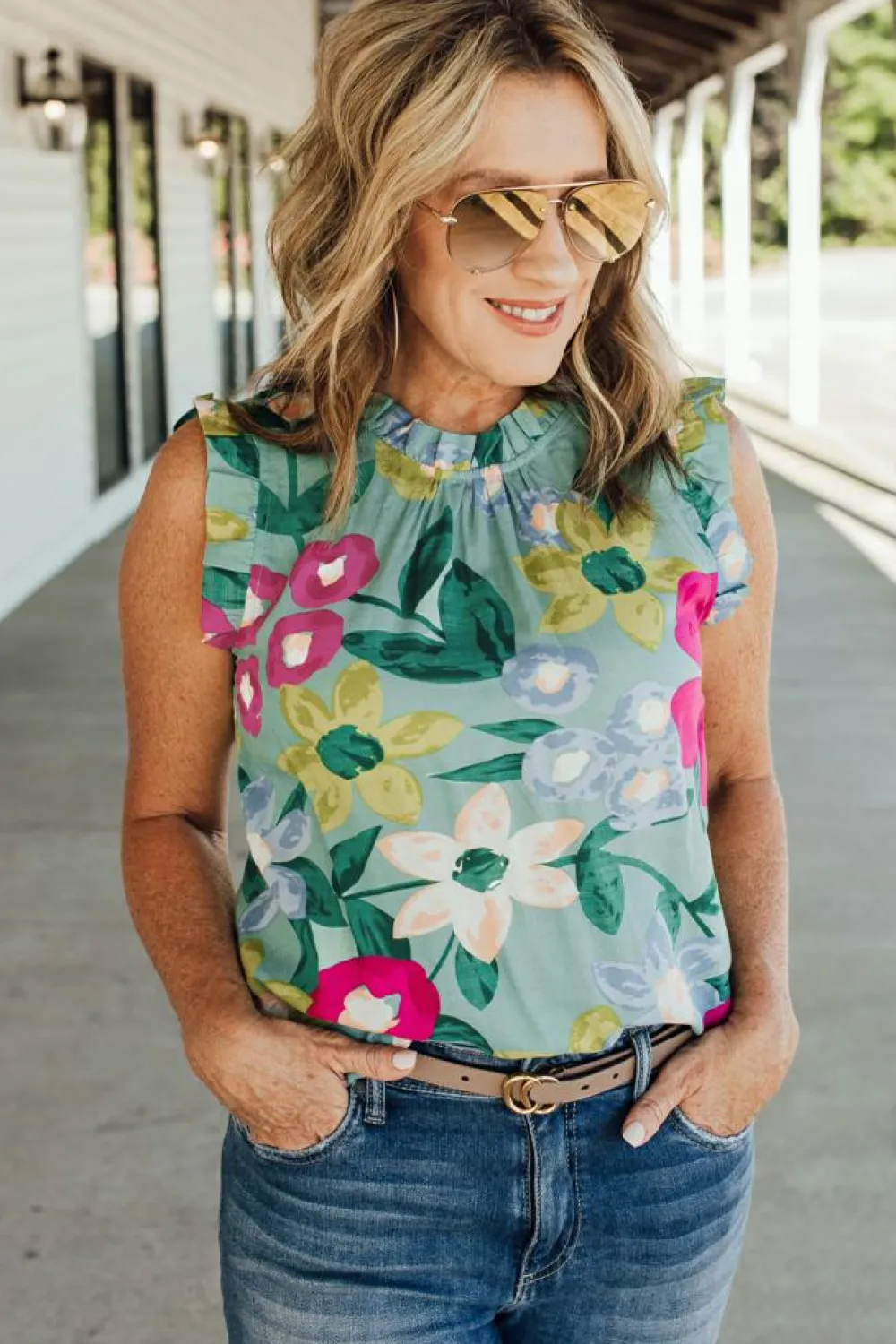 Hot Dear-Lover Floral Print Ruffle Trim Tank Top Green