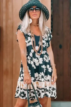 Fashion Dear-Lover Floral Print Ruffle Sleeve Empire Waist Mini Dress Green