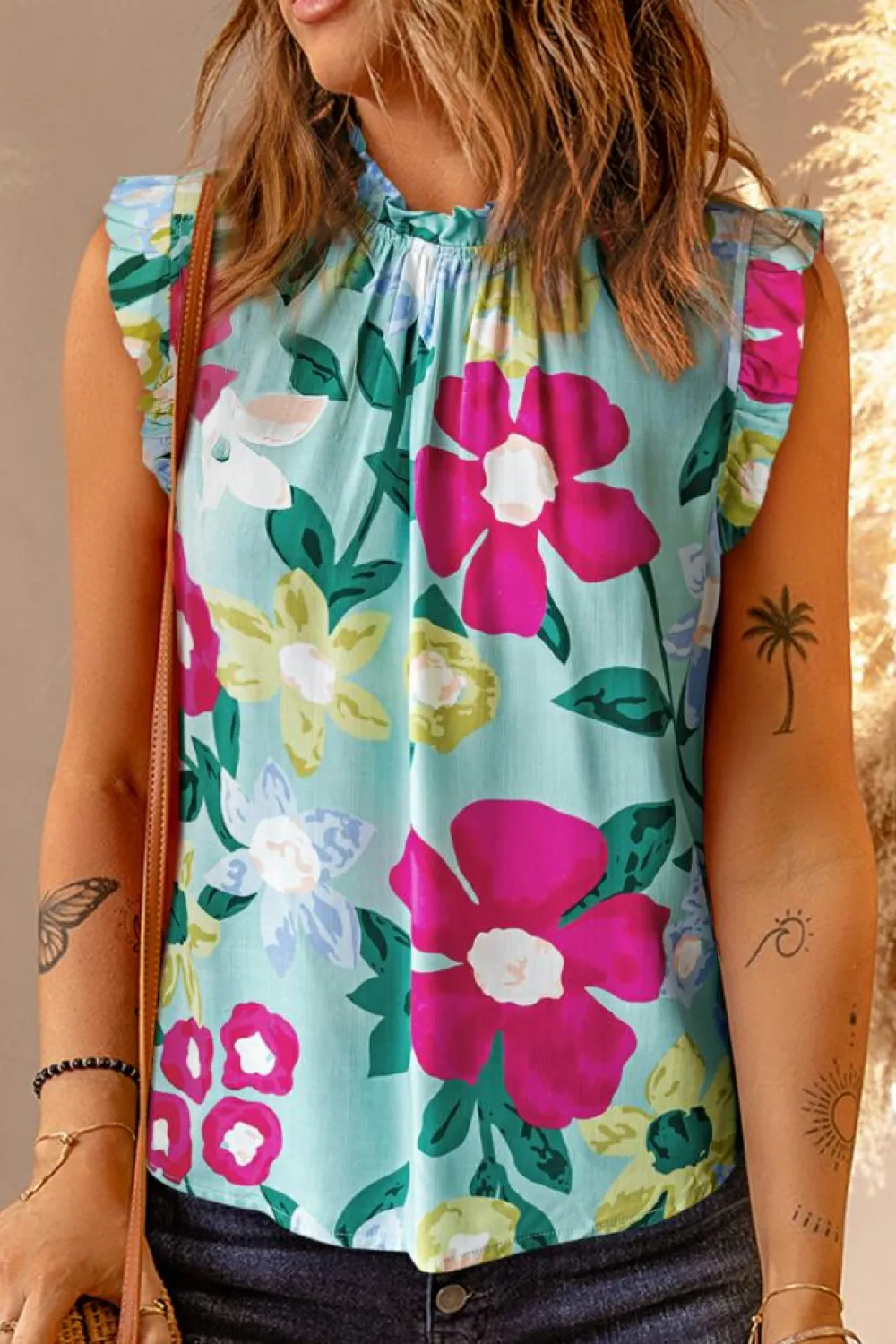 Hot Dear-Lover Floral Print Ruffle Trim Tank Top Green