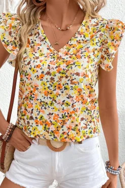 Hot Dear-Lover Floral Print Ruffled Sleeveless V Neck Tank Top Green