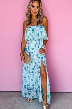 Best Dear-Lover Floral Print Ruffled Side Slit Tube Top Maxi Dress Green