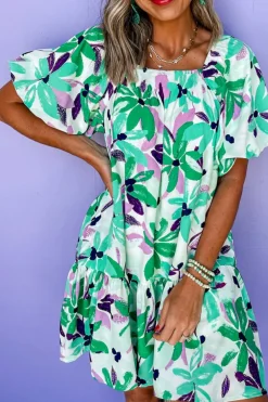 Fashion Dear-Lover Floral Print Shirred Square Neck Loose Fit Mini Dress Green