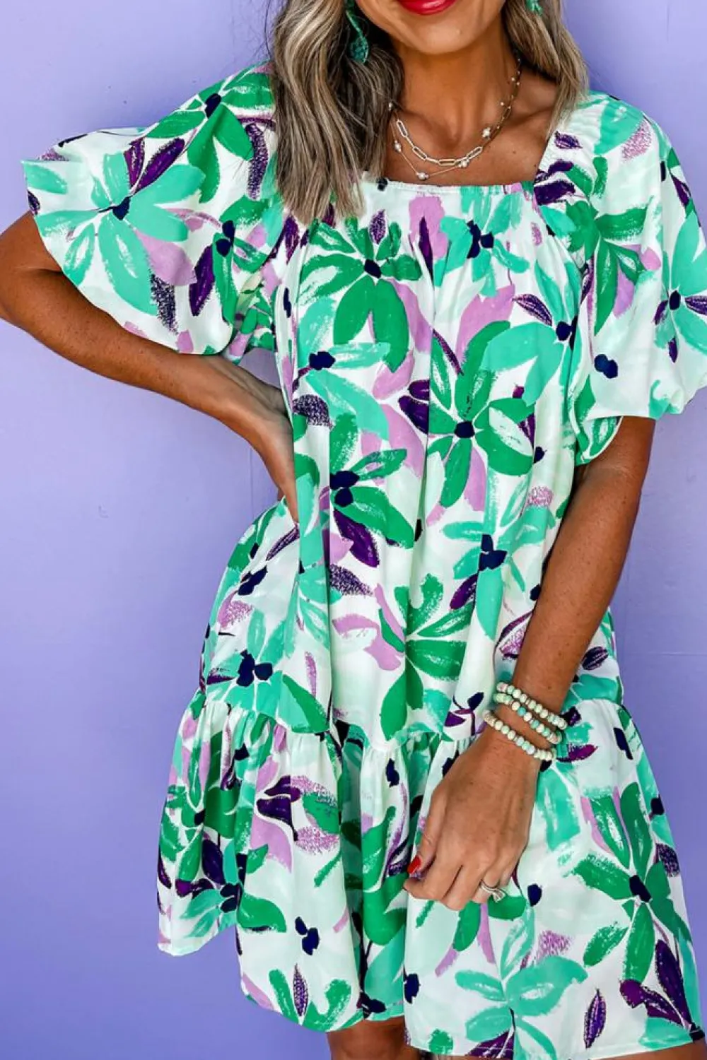Fashion Dear-Lover Floral Print Shirred Square Neck Loose Fit Mini Dress Green