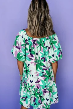Fashion Dear-Lover Floral Print Shirred Square Neck Loose Fit Mini Dress Green