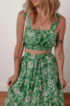 Sale Dear-Lover Floral Print Shirred Crop Top and High Waist Midi Skirt Set Green