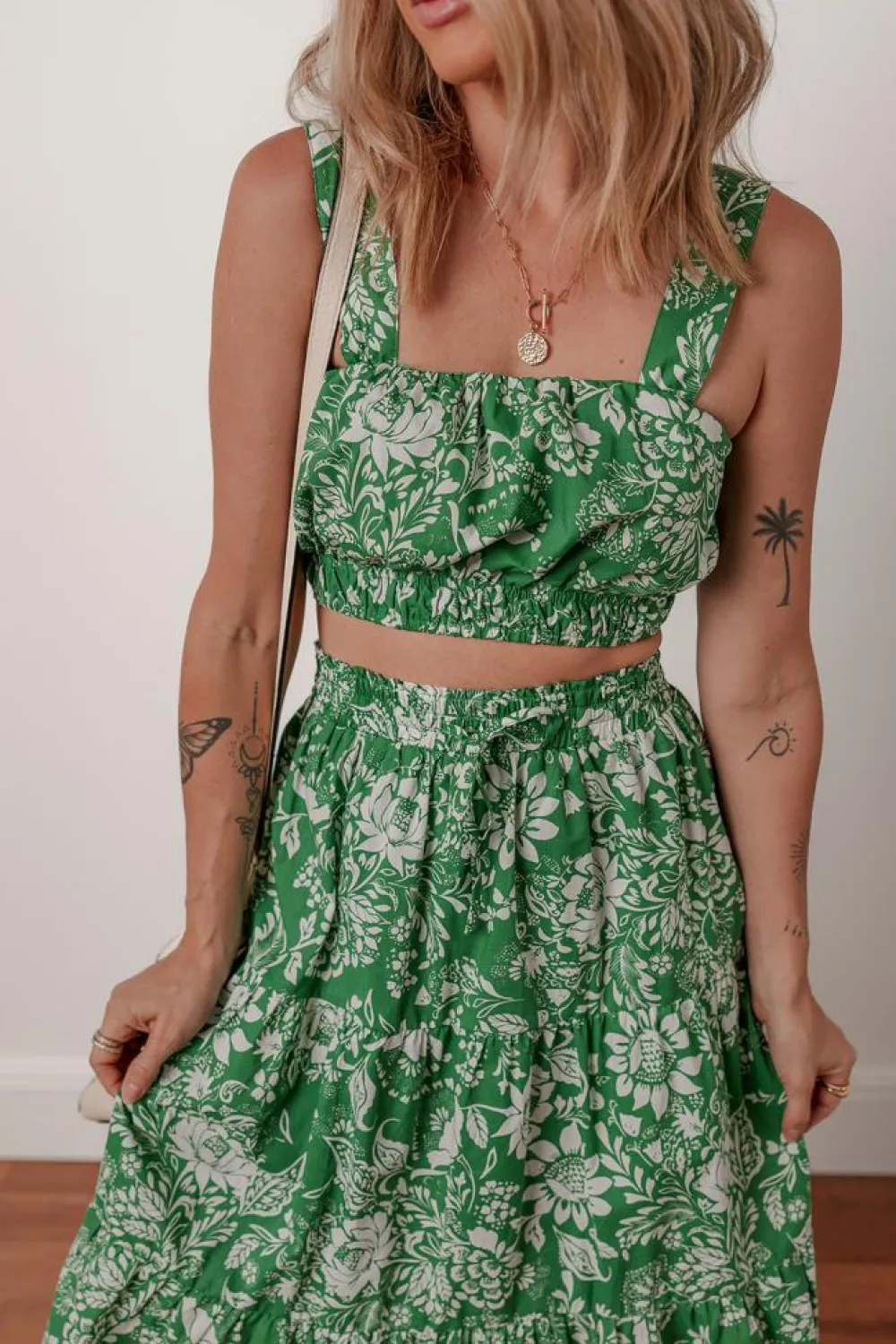 Sale Dear-Lover Floral Print Shirred Crop Top and High Waist Midi Skirt Set Green